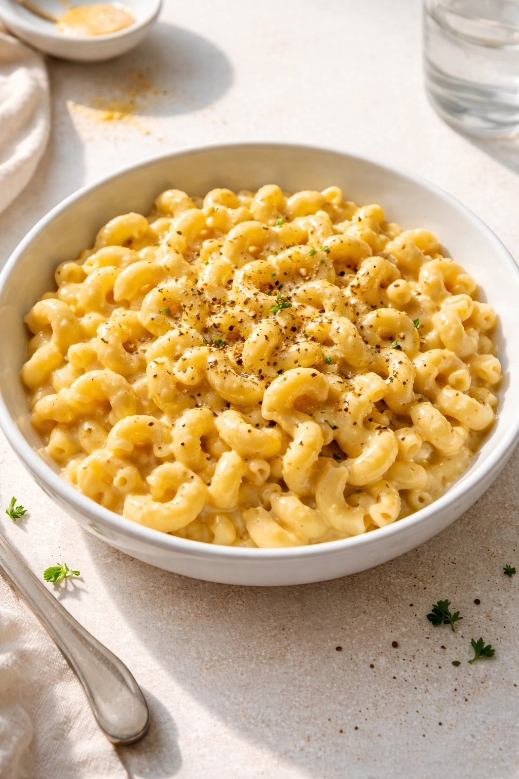 Creamy dairy-free mac and cheese with nutritional yeast in a white bowl, close-up