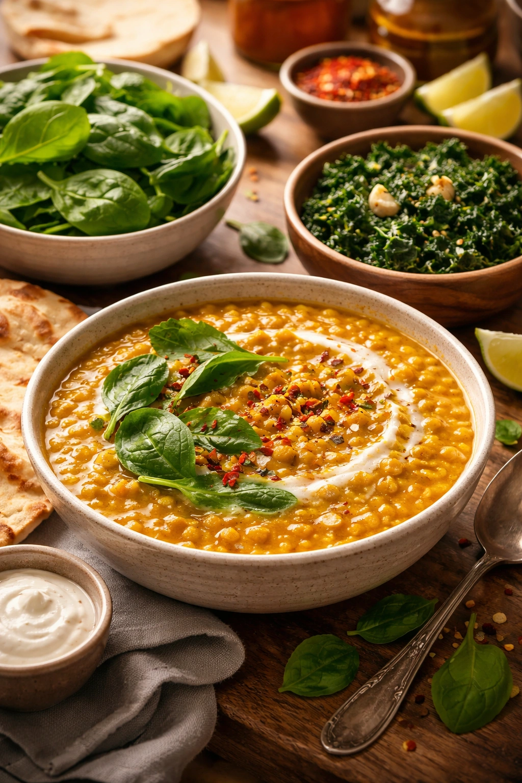 Lentil dal with spinach and kale greens showing flavor variations