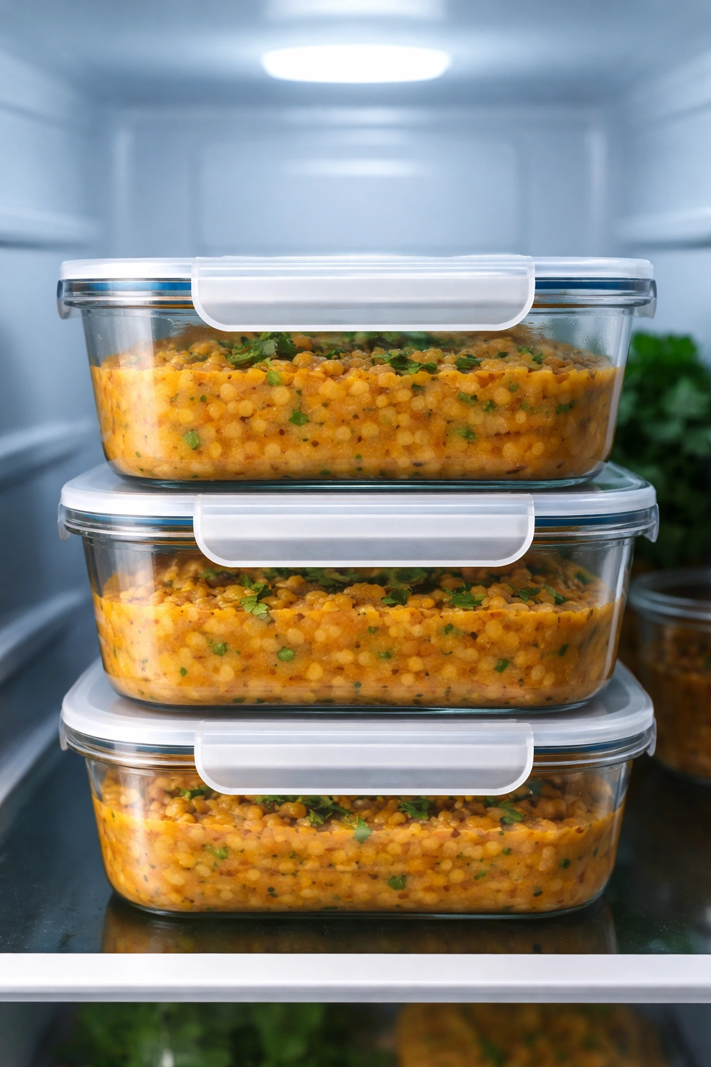 Airtight dal containers stored in the refrigerator for make-ahead and storage