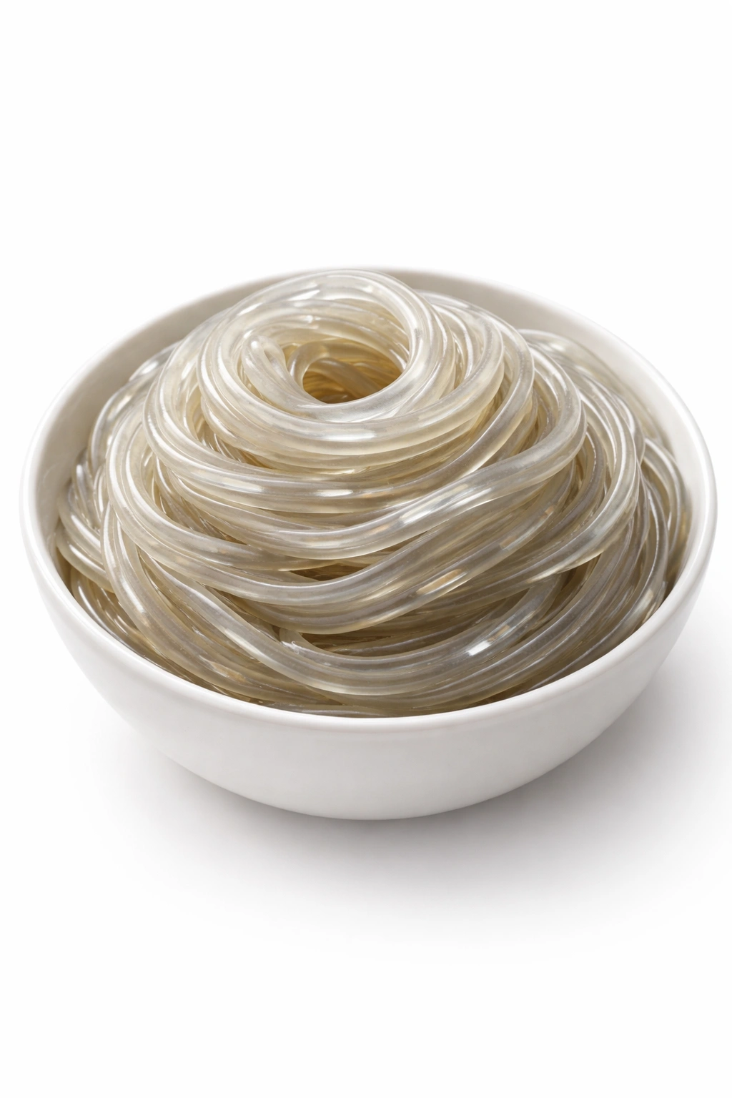 Close-up of thick translucent dangmyeon glass noodles showing chewy texture
