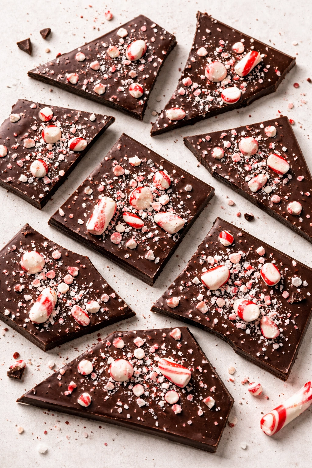 Dark chocolate peppermint bark with crushed candy canes and sea salt on a flat surface
