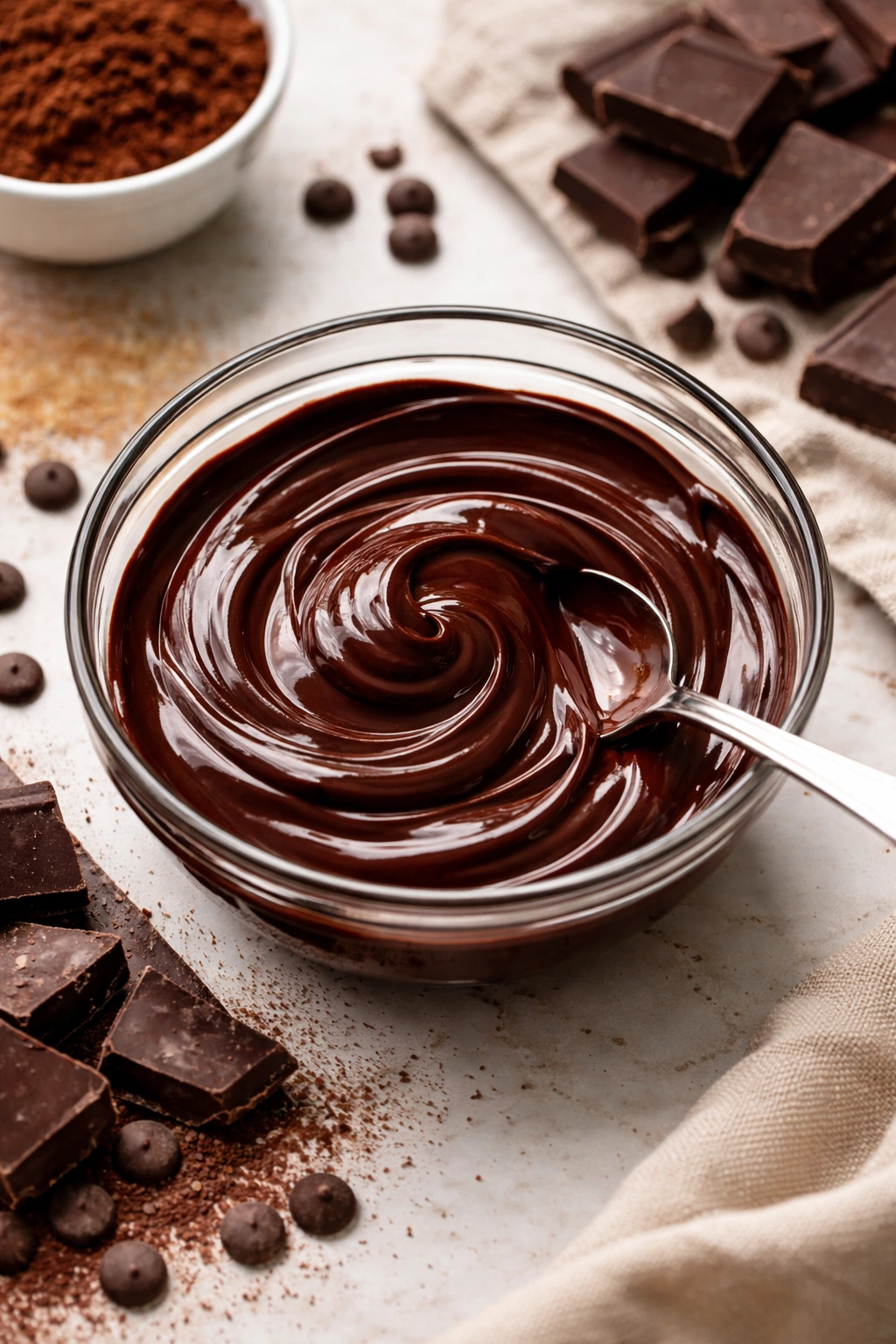 Melted dark chocolate in a glass bowl with a glossy surface.
