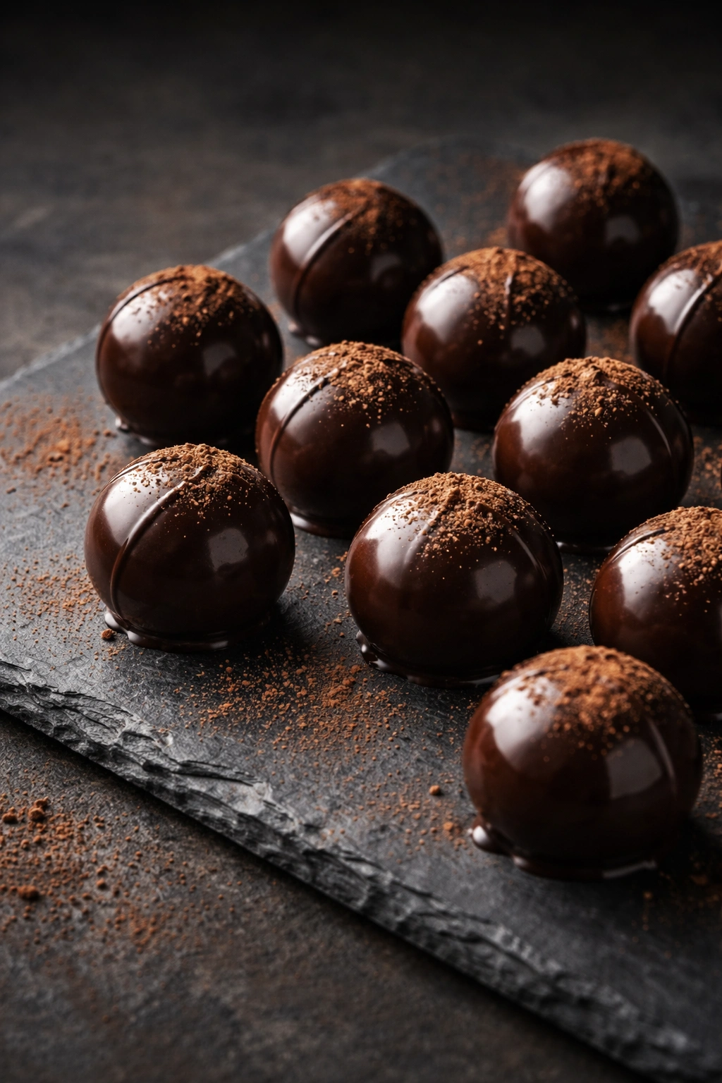 Dark chocolate truffles on a slate plate