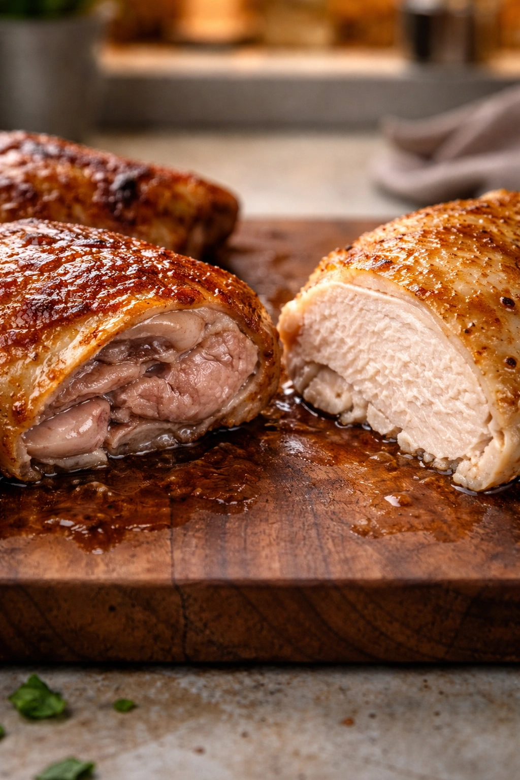 Close-up side-by-side of dark chicken thigh and white chicken breast on a wooden board