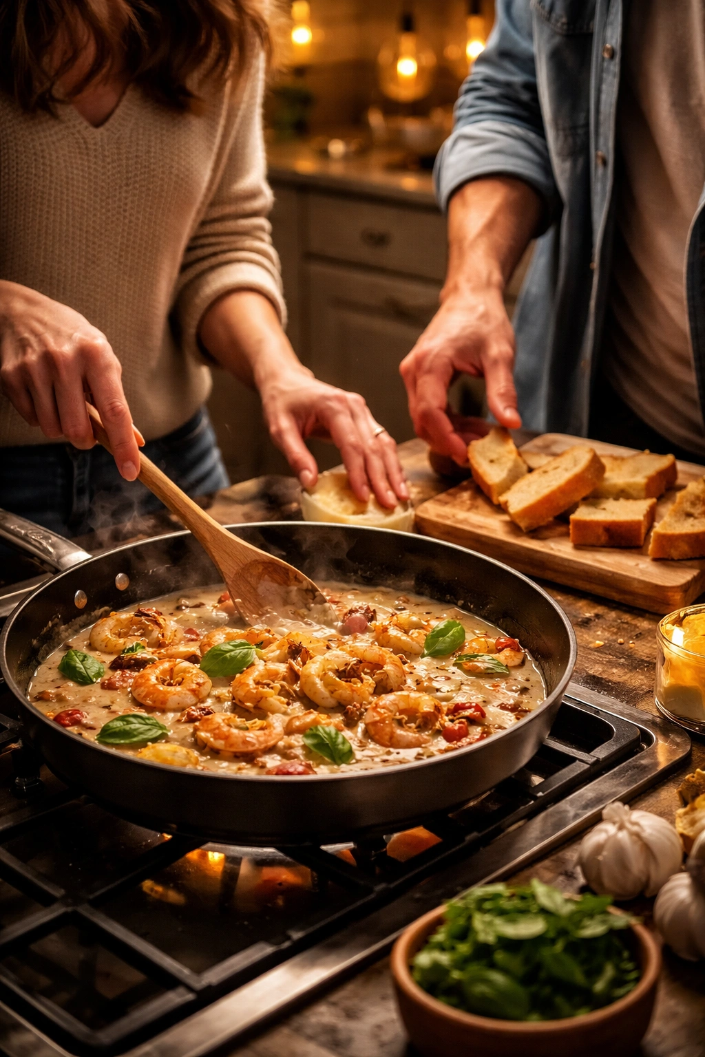 Romantic date-night kitchen scene cooking Marry Me Shrimp together