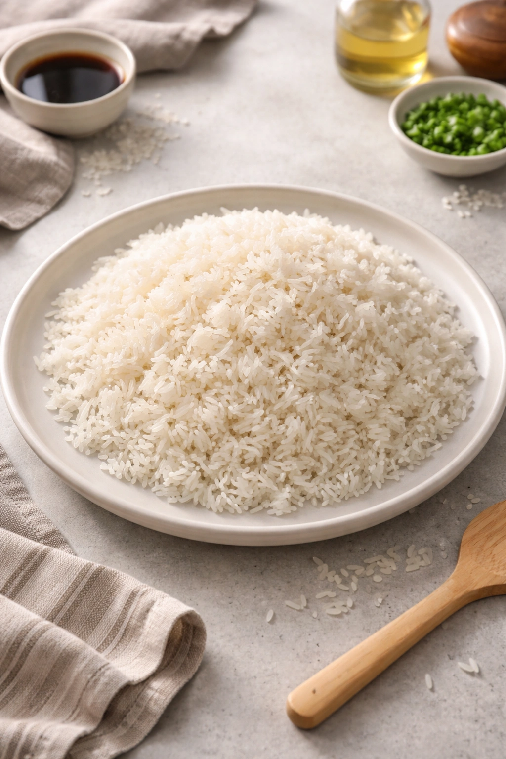 Fluffy dry day-old rice mound on plate with distinct grains