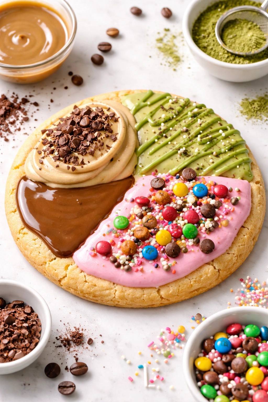 Close-up of a large decorated cookie with varied frostings and toppings on a clean surface