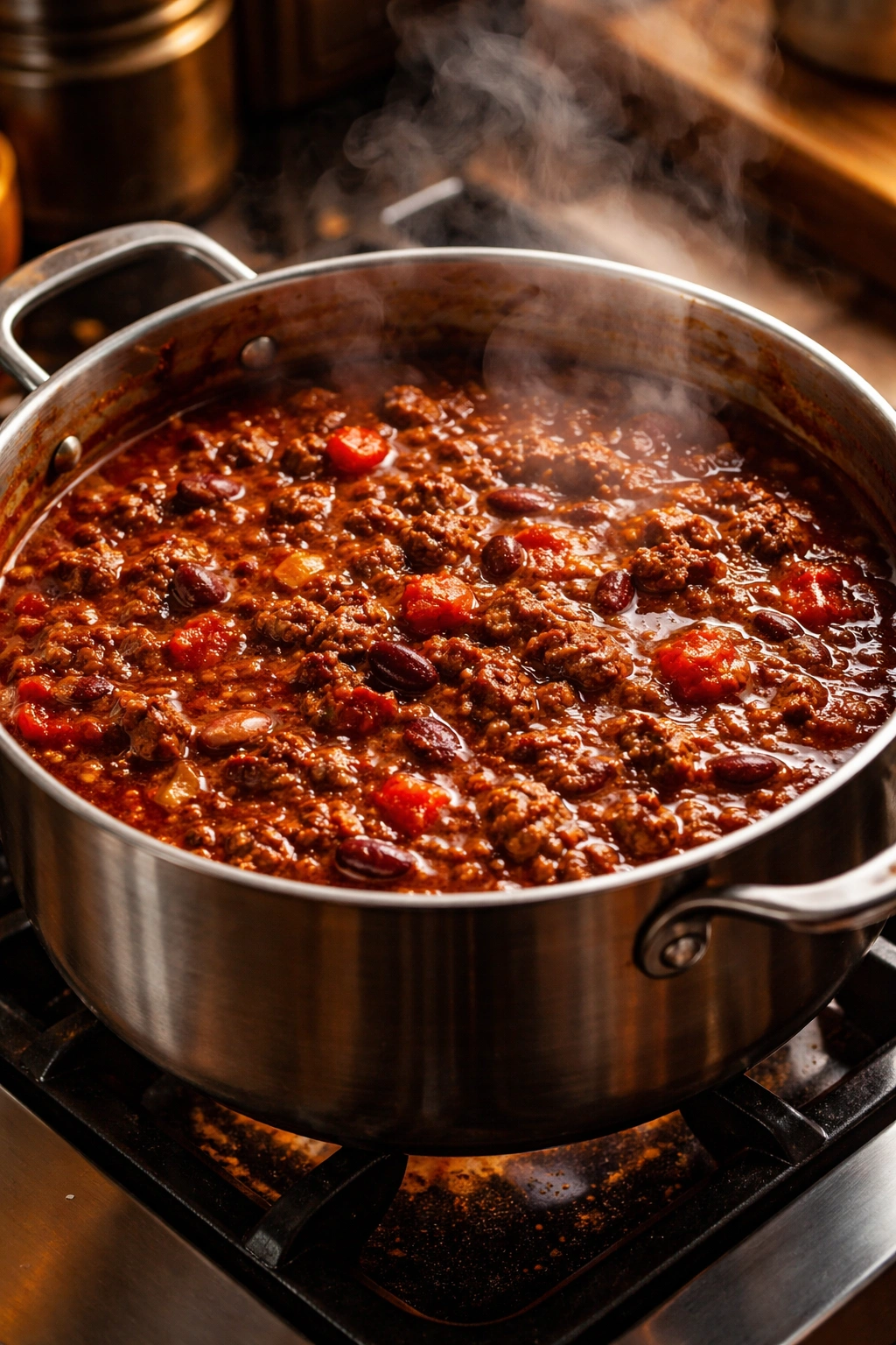 Chili simmering in a pot with browned beef and spiced oil forming deep flavor.