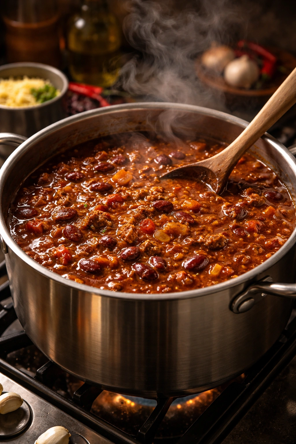 Steaming pot of chili with deep color and glossy surface