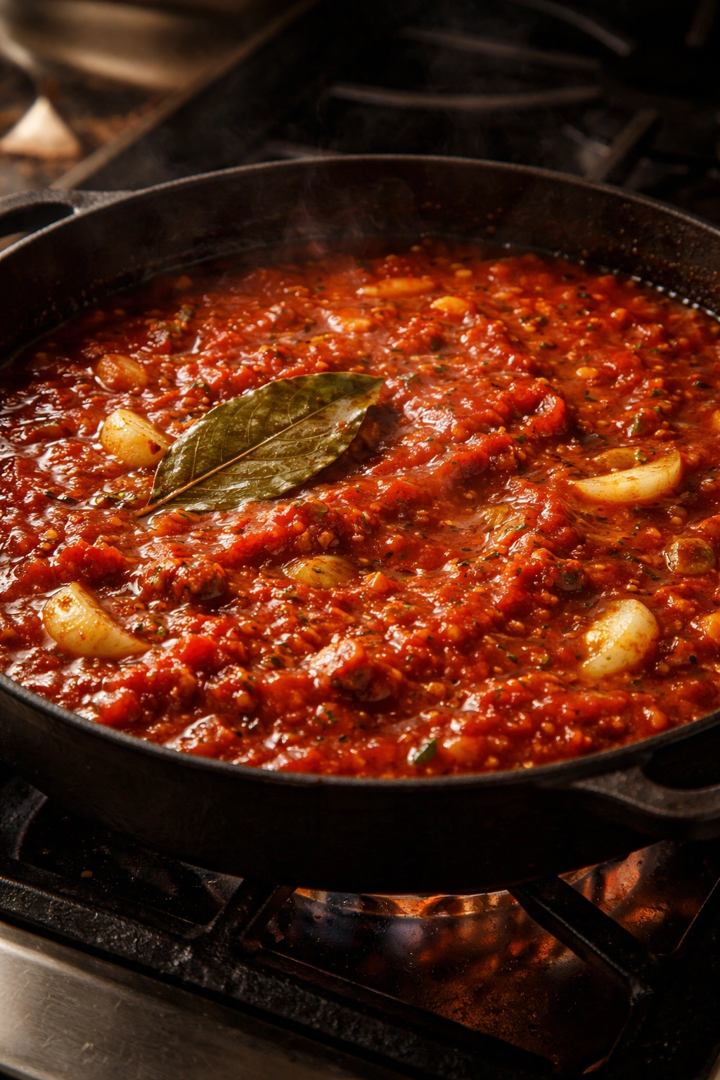 Skillet with simmering tomato sauce, onions, garlic, and bay leaf