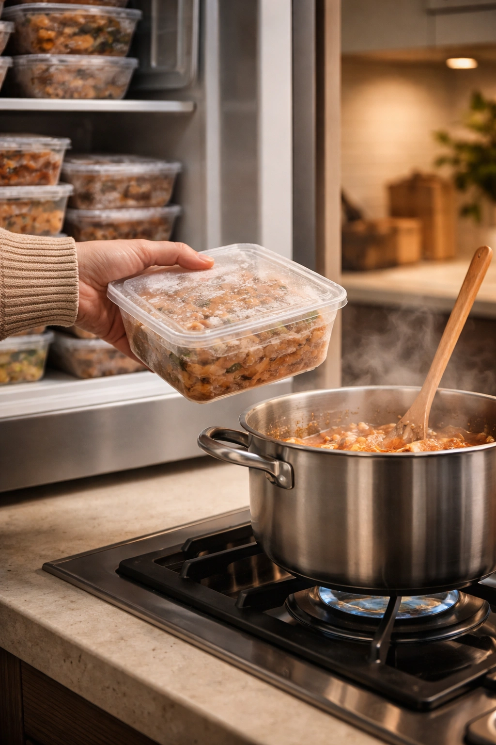 Hand moving frozen dish from freezer toward stove to reheat