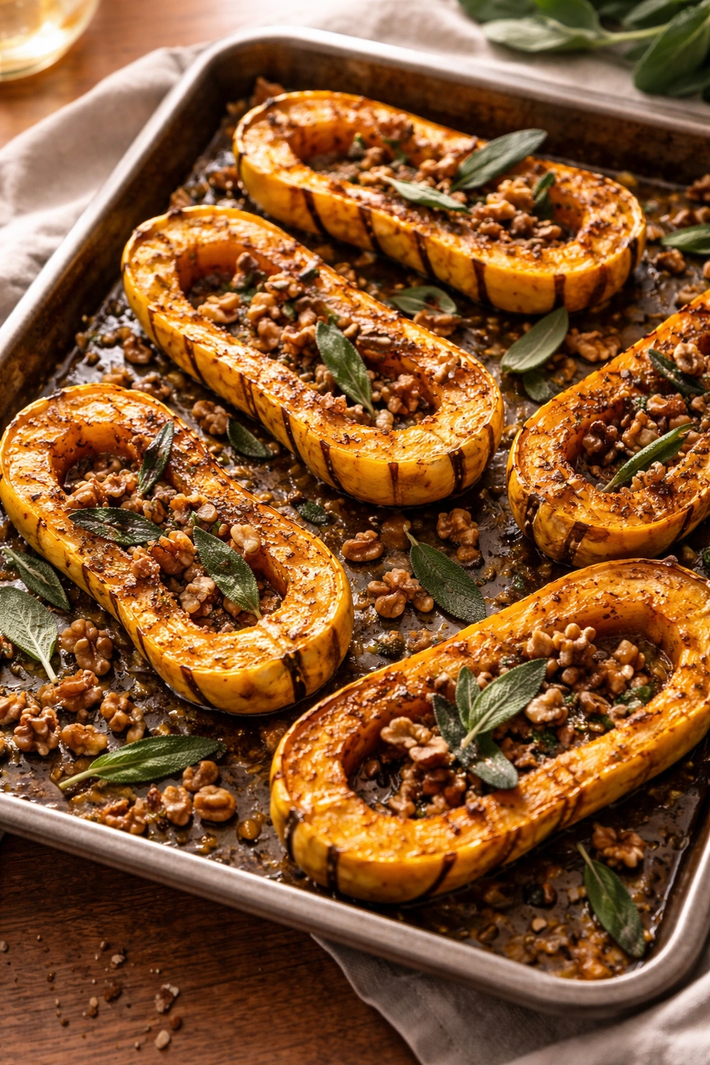 Caramelized delicata squash halves with miso butter, sage, and walnuts