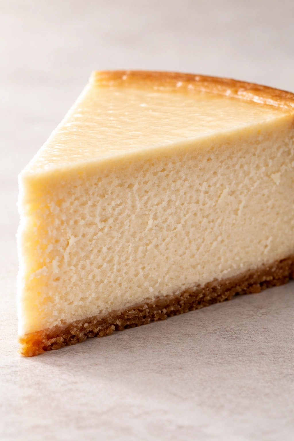 Close-up of a dense cheesecake slice with tight crumb and glossy surface on a neutral background.