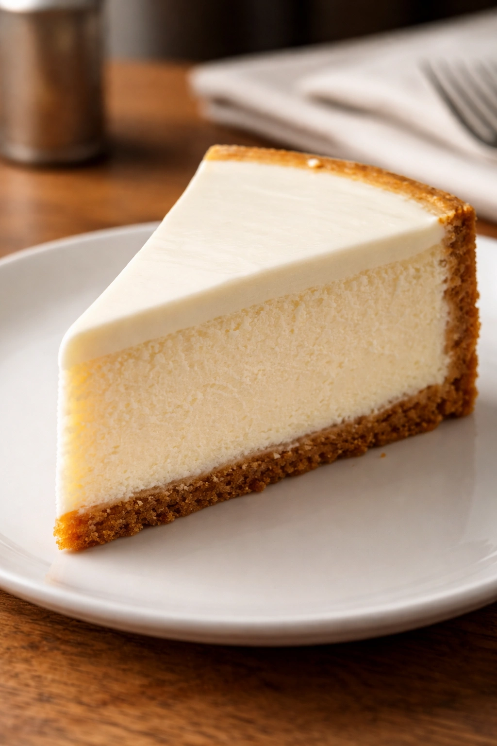 Dense cheesecake with smooth filling and graham crust edge on plate