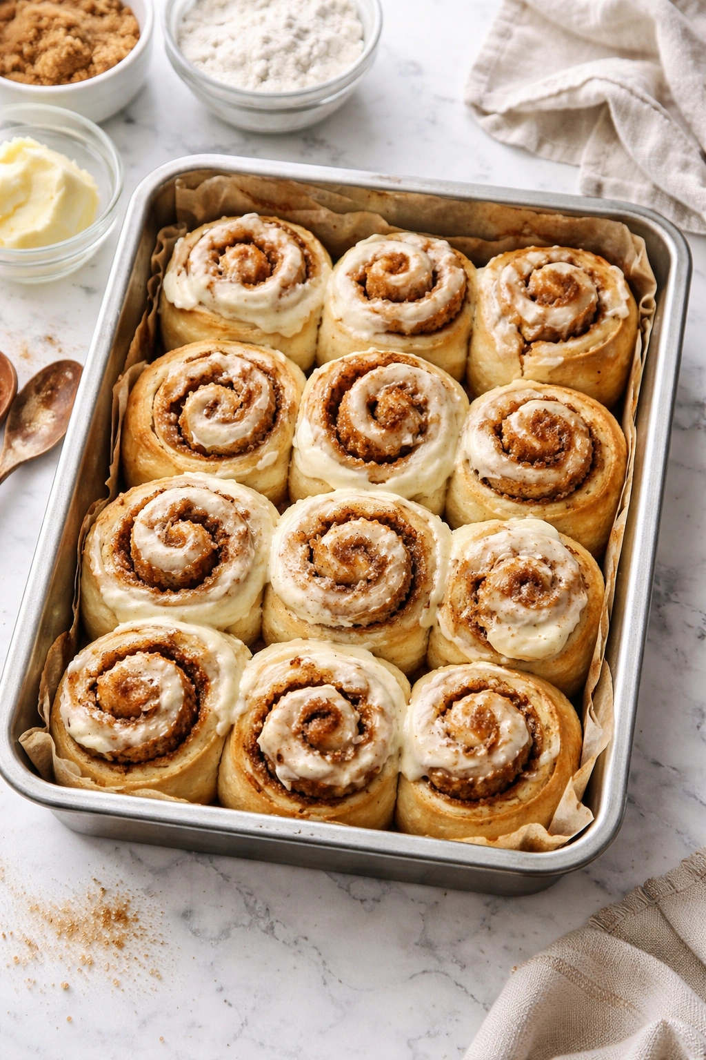 Dense, under-risen cinnamon rolls in a pan