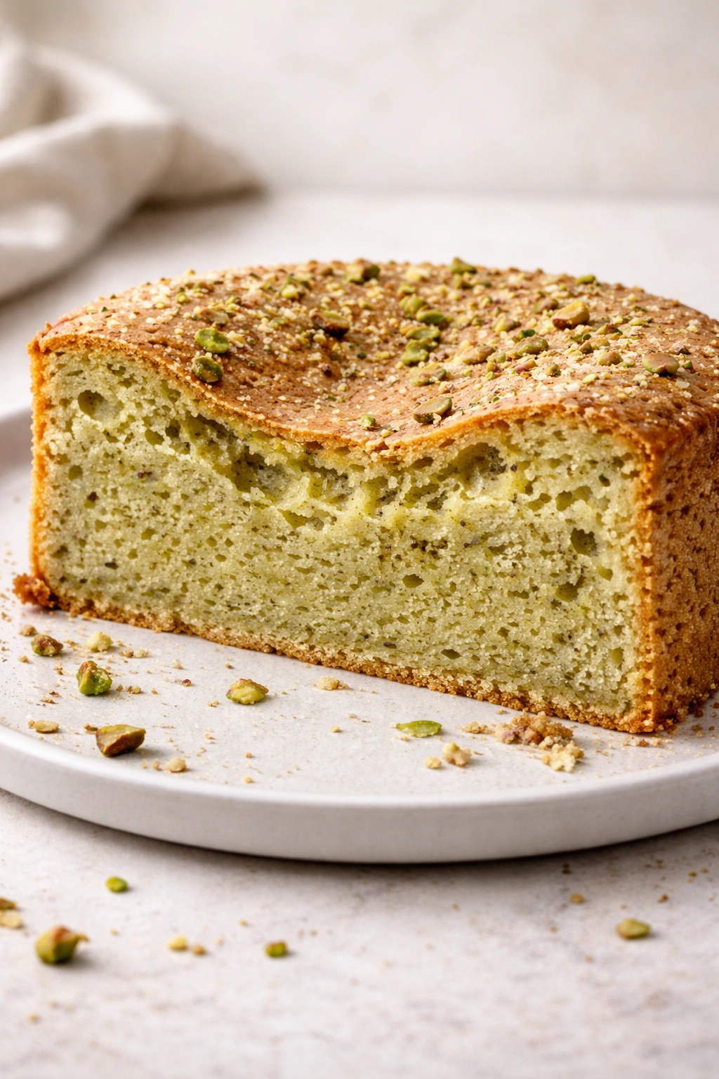 Dense or collapsed pistachio sponge cake with sunken center.