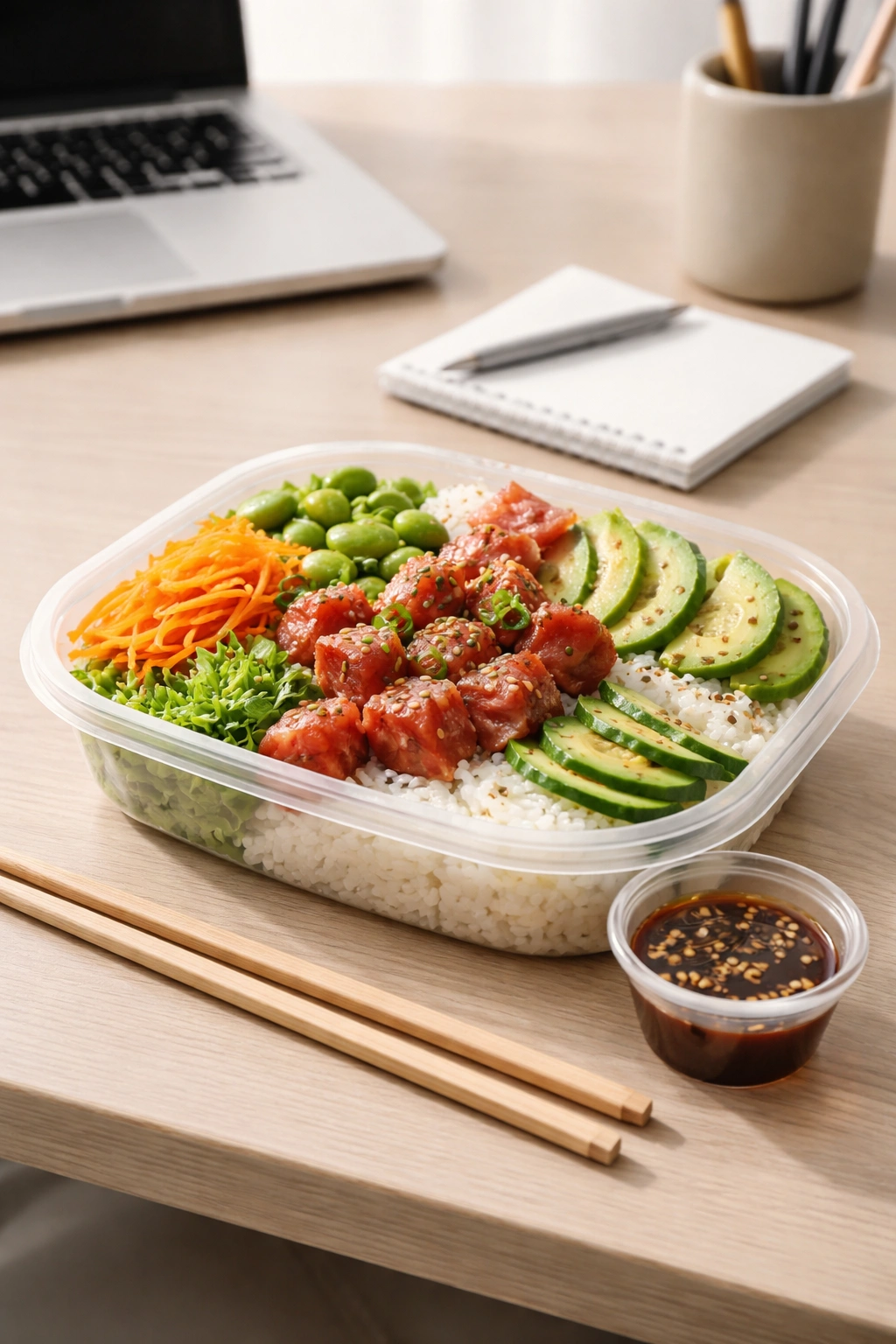 Desk lunch poke bowl in a wide shallow container with sauce on the side and chopsticks on an uncluttered office desk