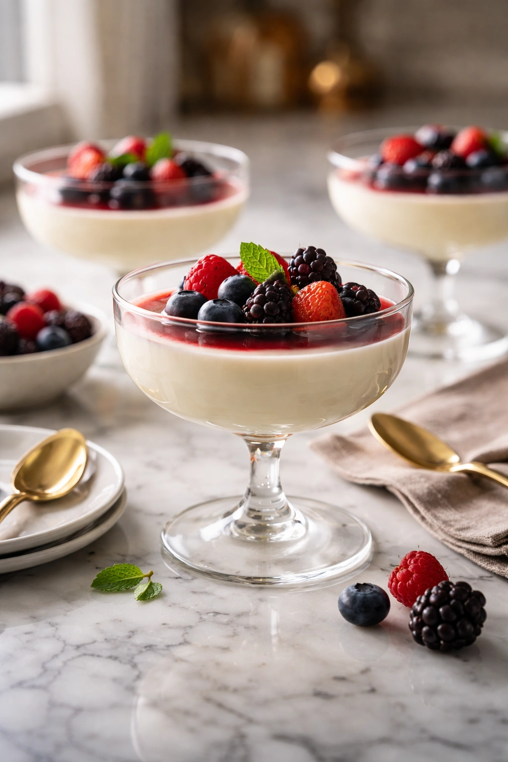 Glossy panna cotta with fresh berries on a marble counter.