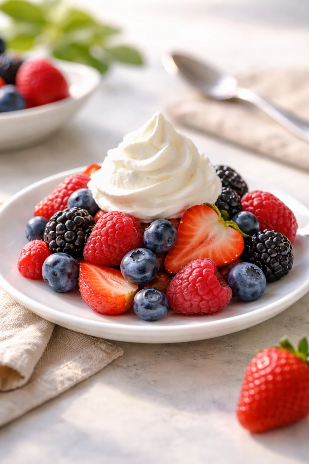 Plate of fresh berries with whipped cream