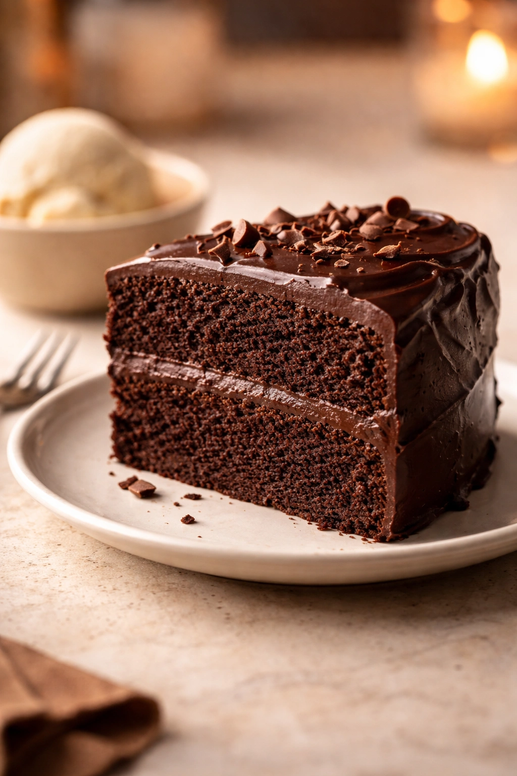 Slice of chocolate cake on plate with warm lighting.