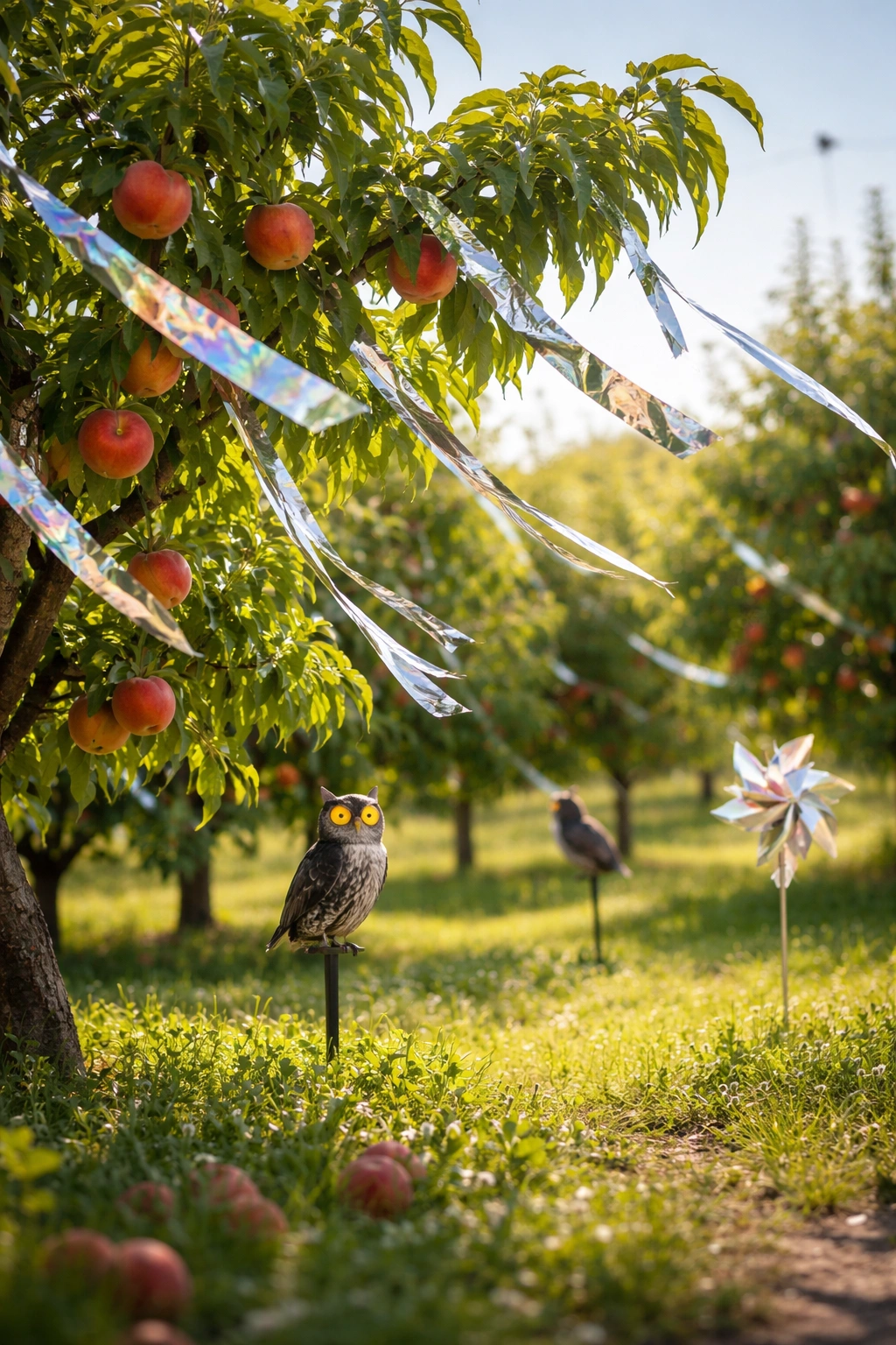 Reflective deterrents around fruit tree mitigating bird pressure