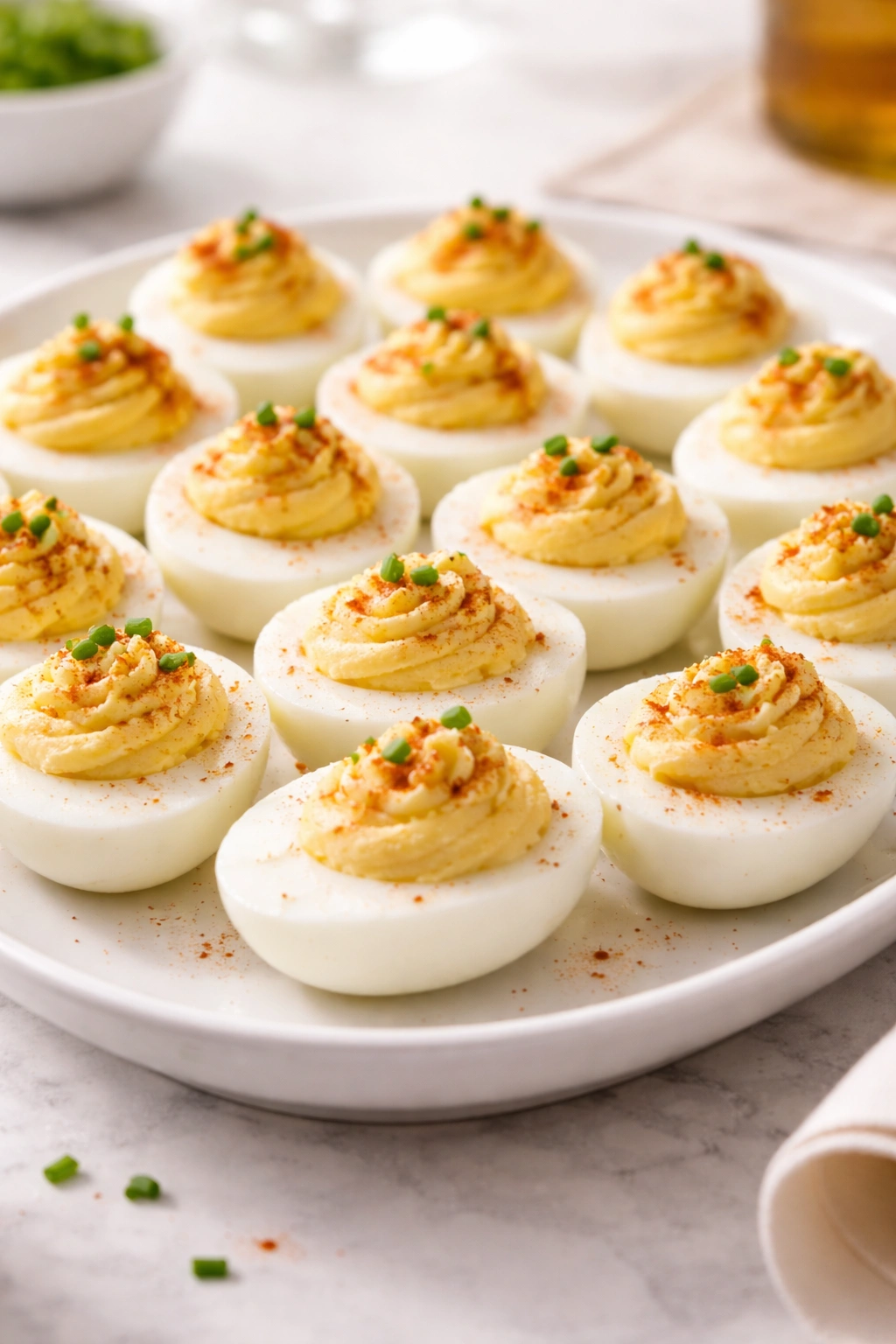 Deviled eggs on a white platter with paprika dusting and chives