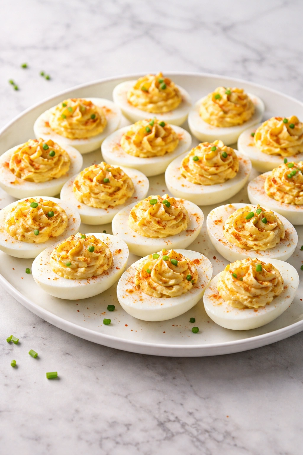 Deviled eggs on a white plate with paprika garnish.