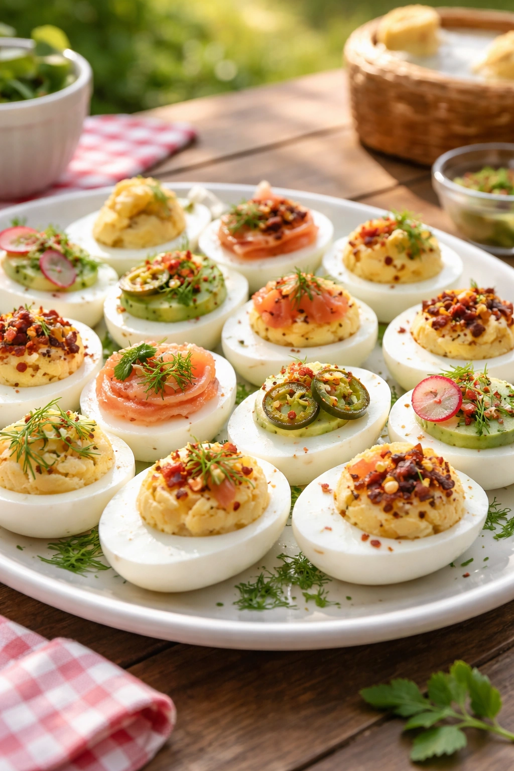 Deviled eggs with varied toppings on a platter