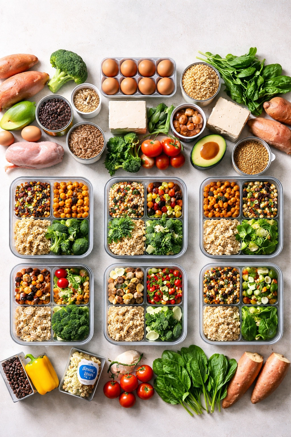Three diet-based meal prep sets showing varied ingredients