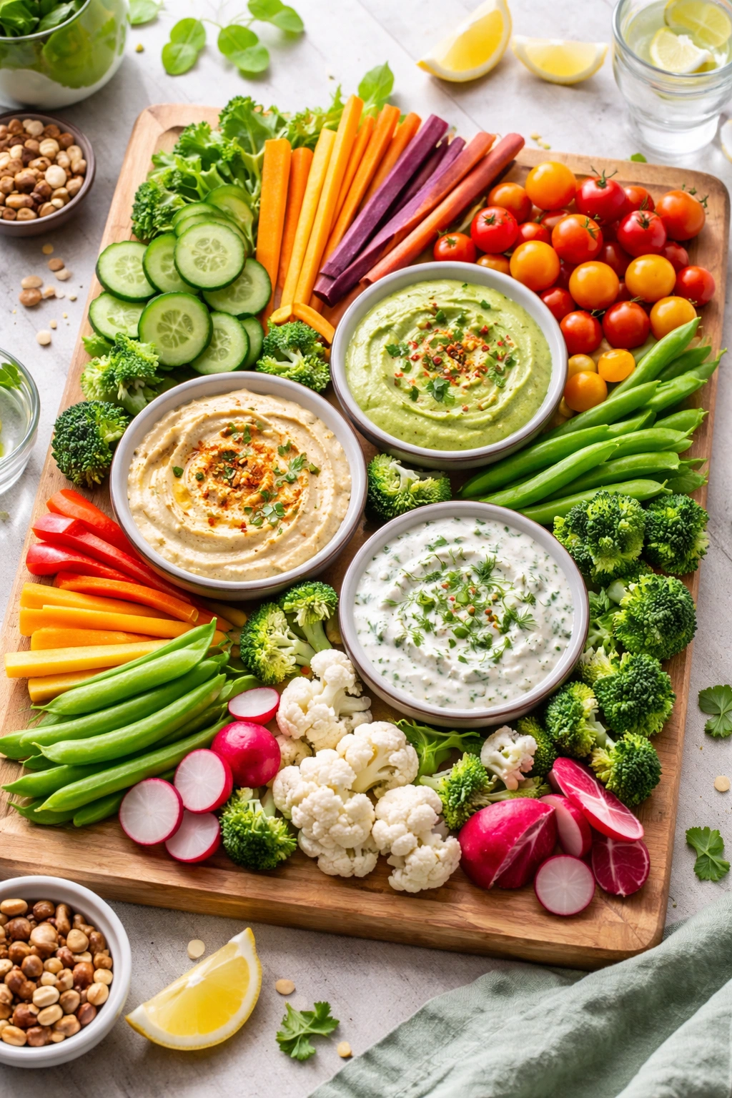 Colorful crudité platter with vegetables and dips