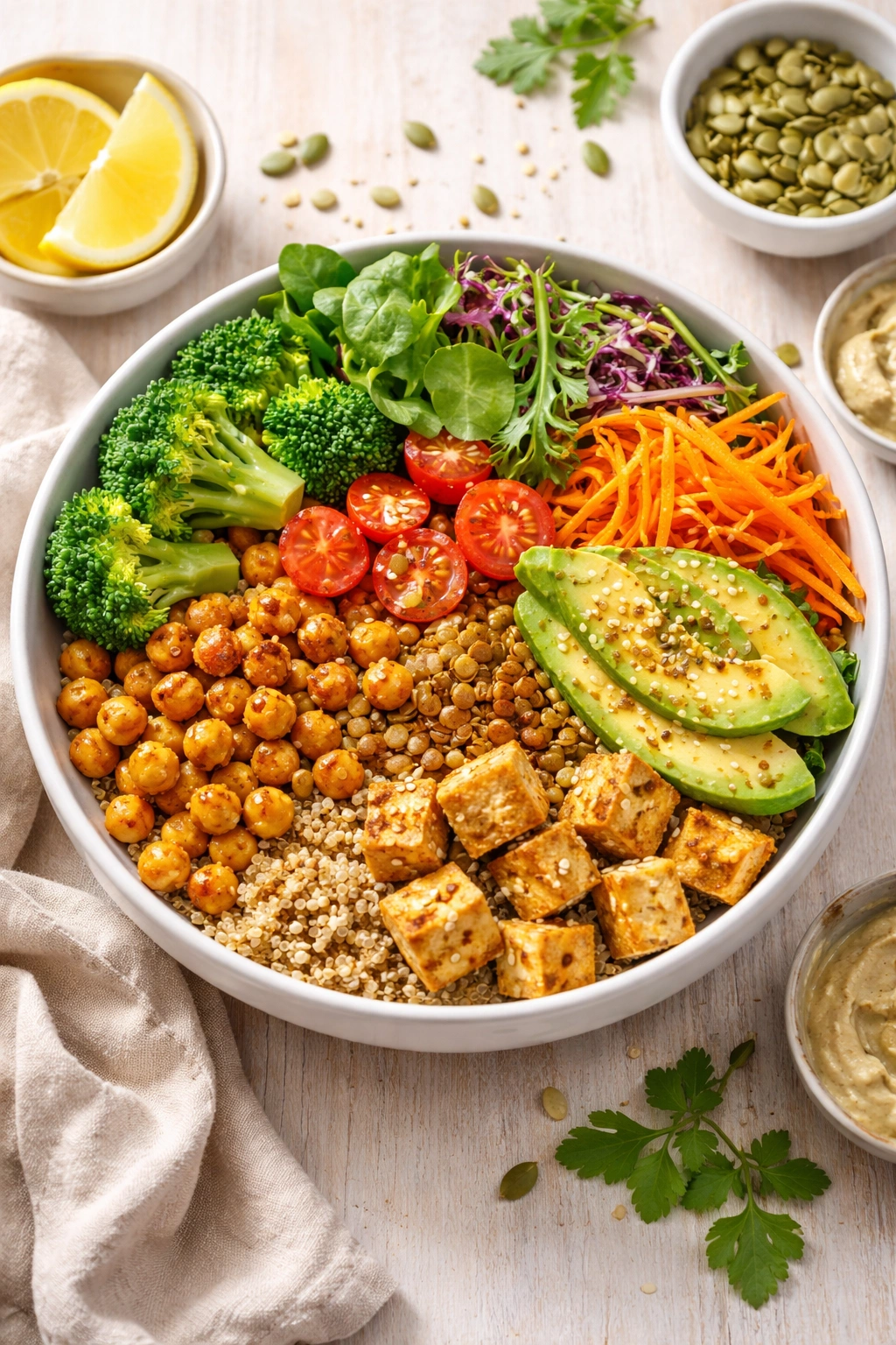 Close-up of a quinoa-based bowl with protein and fiber toppings illustrating dietary customization