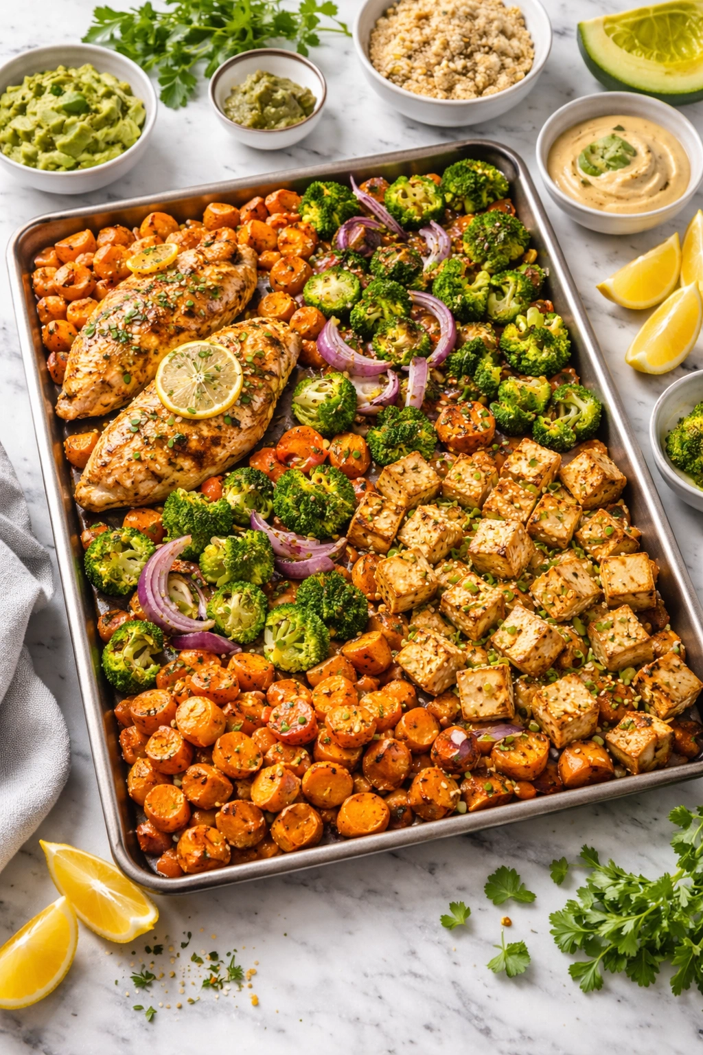 Sheet pan with chicken and tofu alongside vegetables for dietary customization