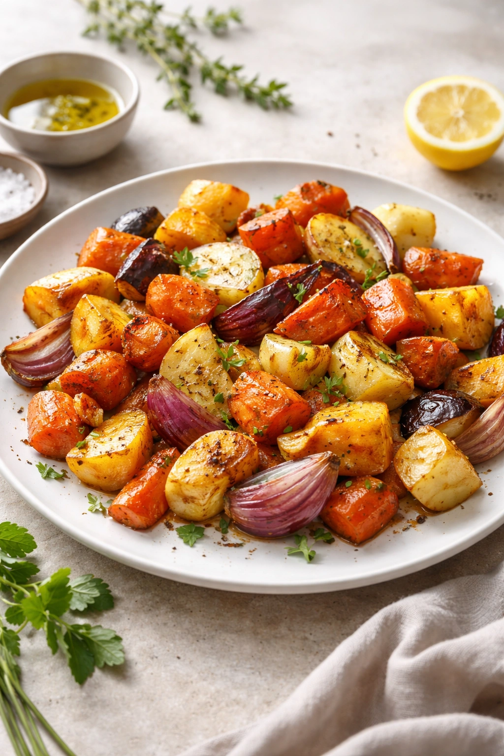 Plate of roasted root vegetables on a plain background