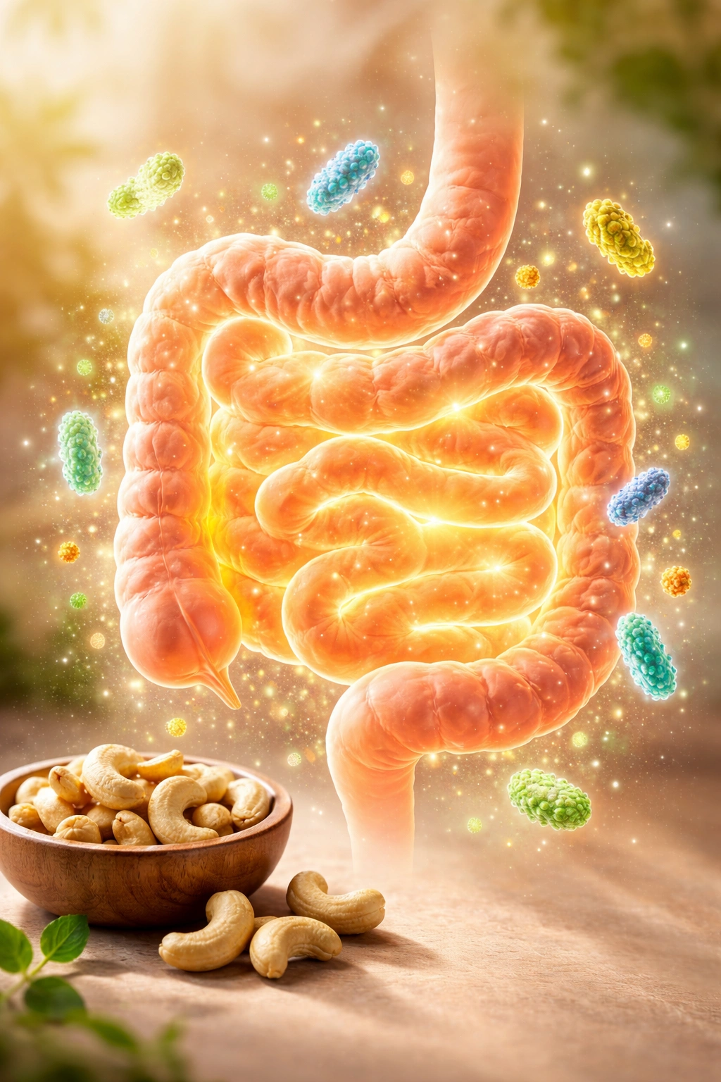 Abstract gut-like tube with glowing particles representing digestive health