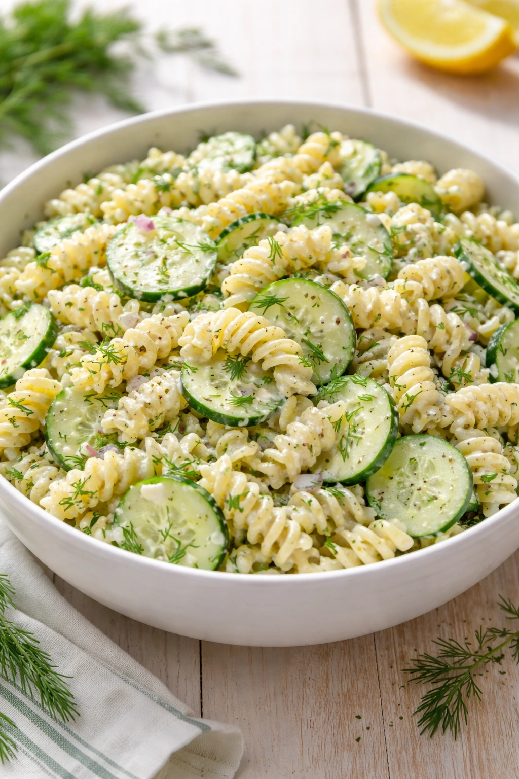 Creamy Dill and Cucumber Pasta Salad in a bowl