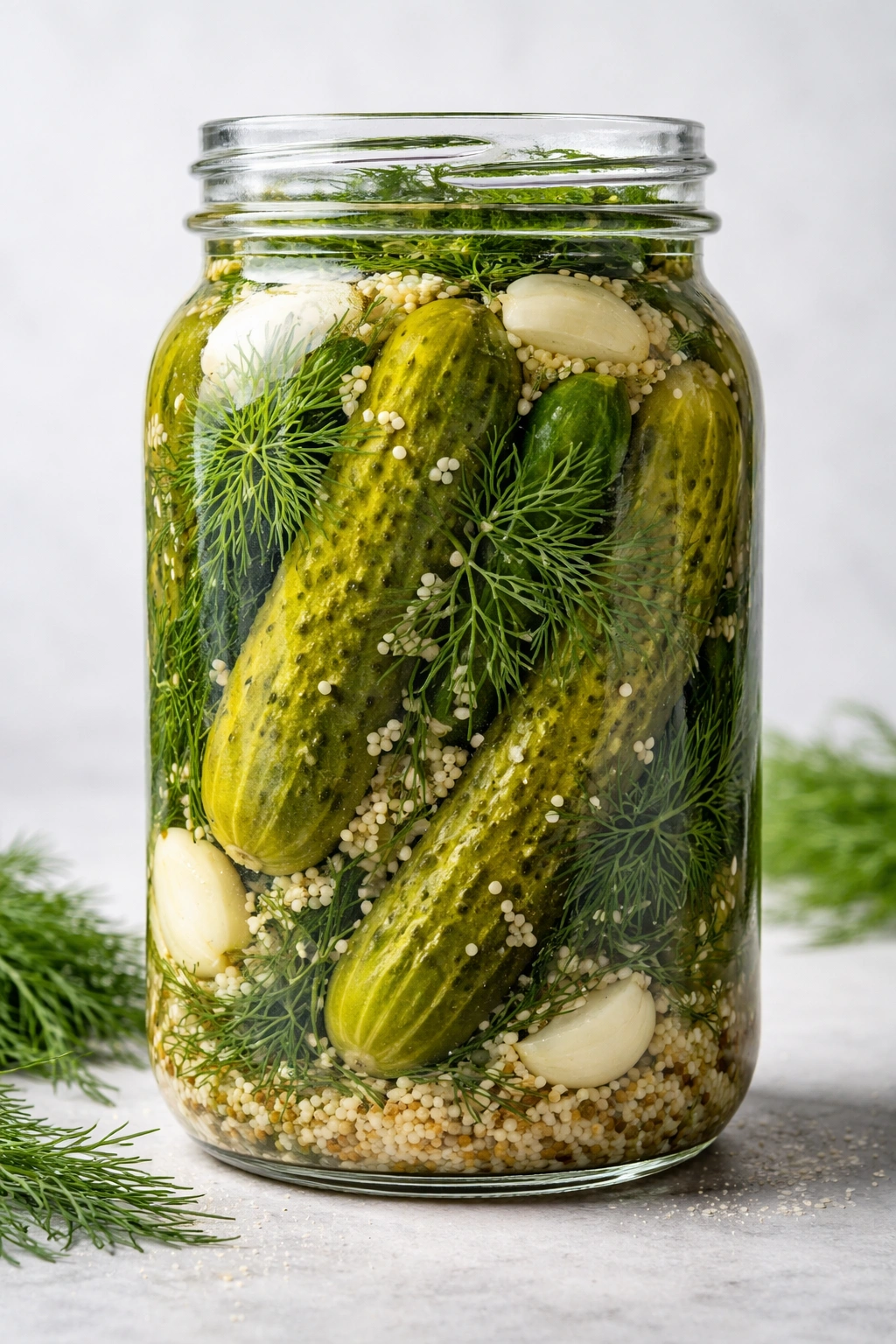Jar of dill and horseradish pickles in brine with dill visible