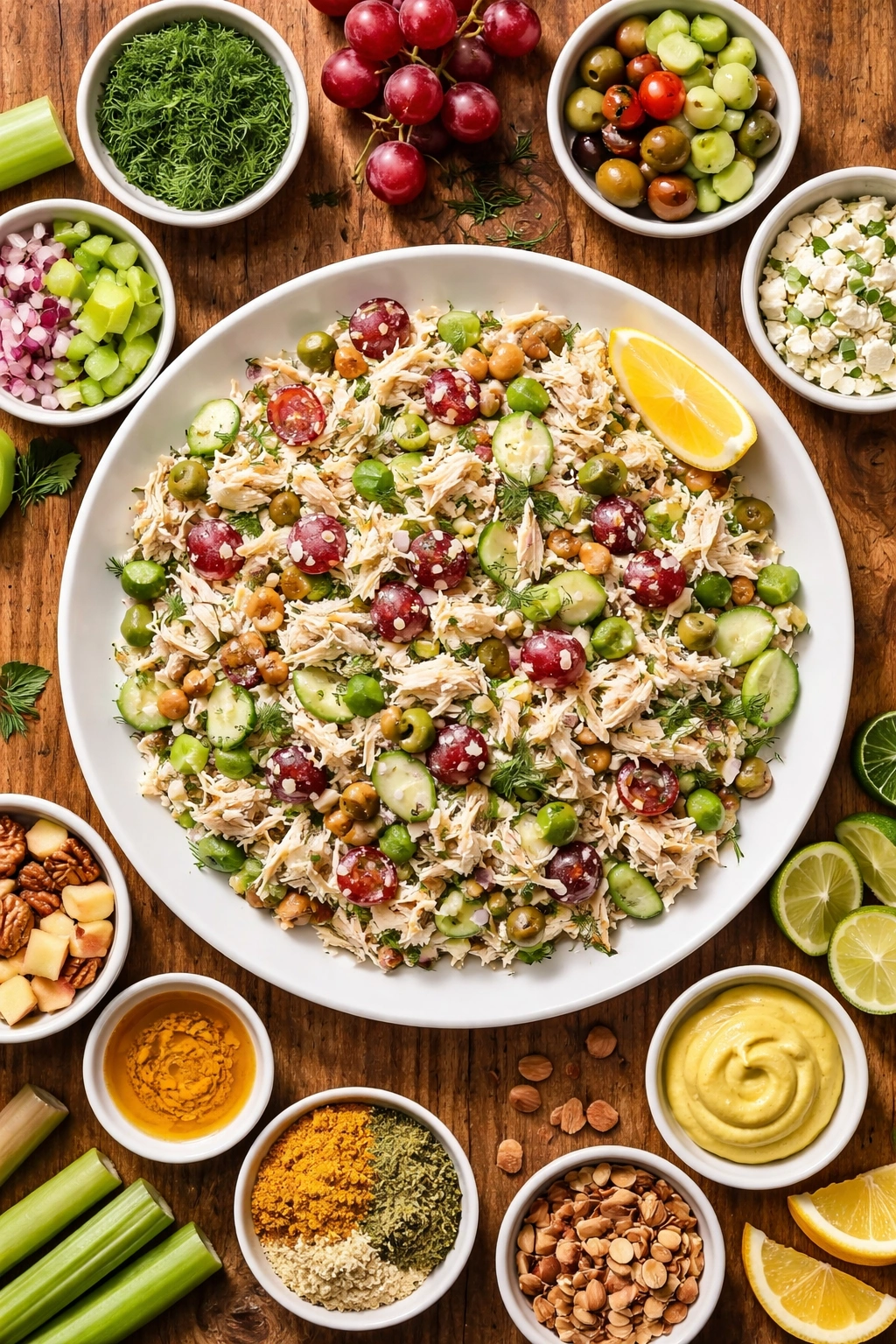 Chicken salad plate with dill, olives, grapes and lemon wedge as mix-ins