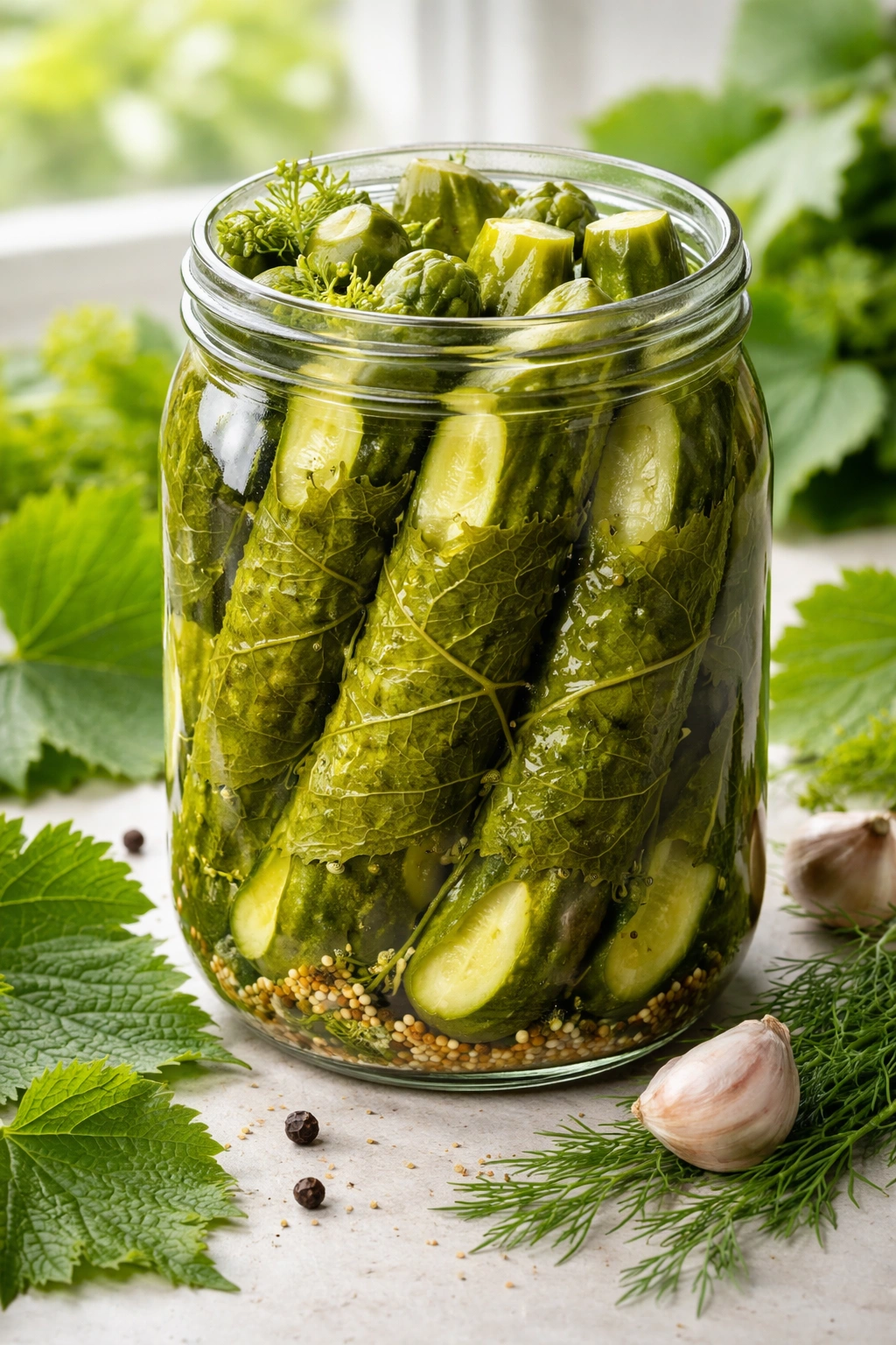 Dill pickle spears with grape leaves in a glass jar