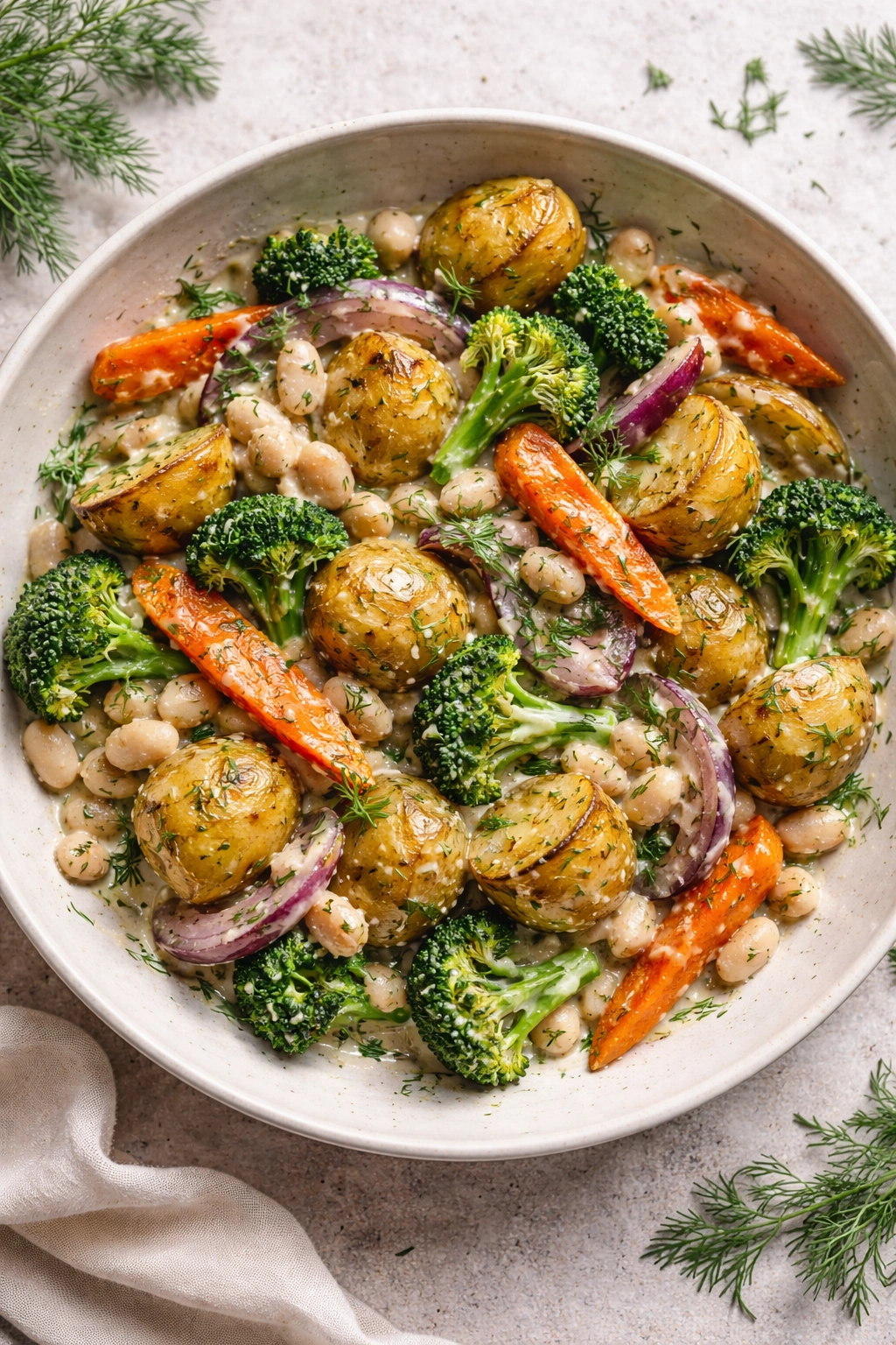 Creamy dill roasted vegetables with white beans and potatoes
