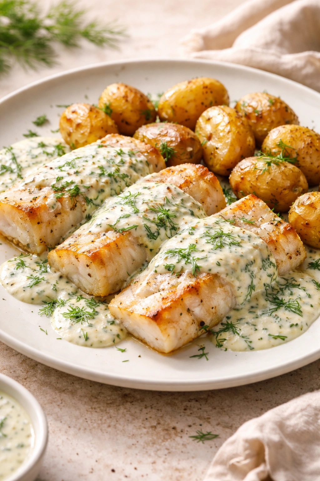 Roasted white fish and potatoes with dill cream sauce