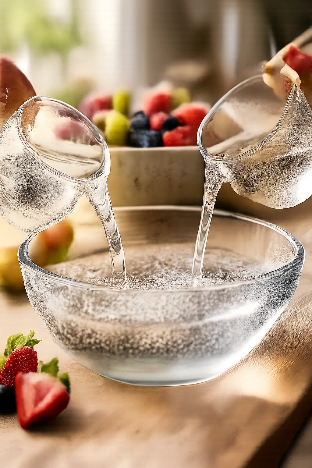 Pouring liquids to dilute vinegar in a mixing bowl