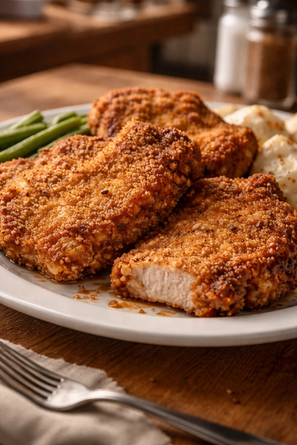 Close-up of crispy diner-style pork chops on a plate, emphasizing crunchy crust