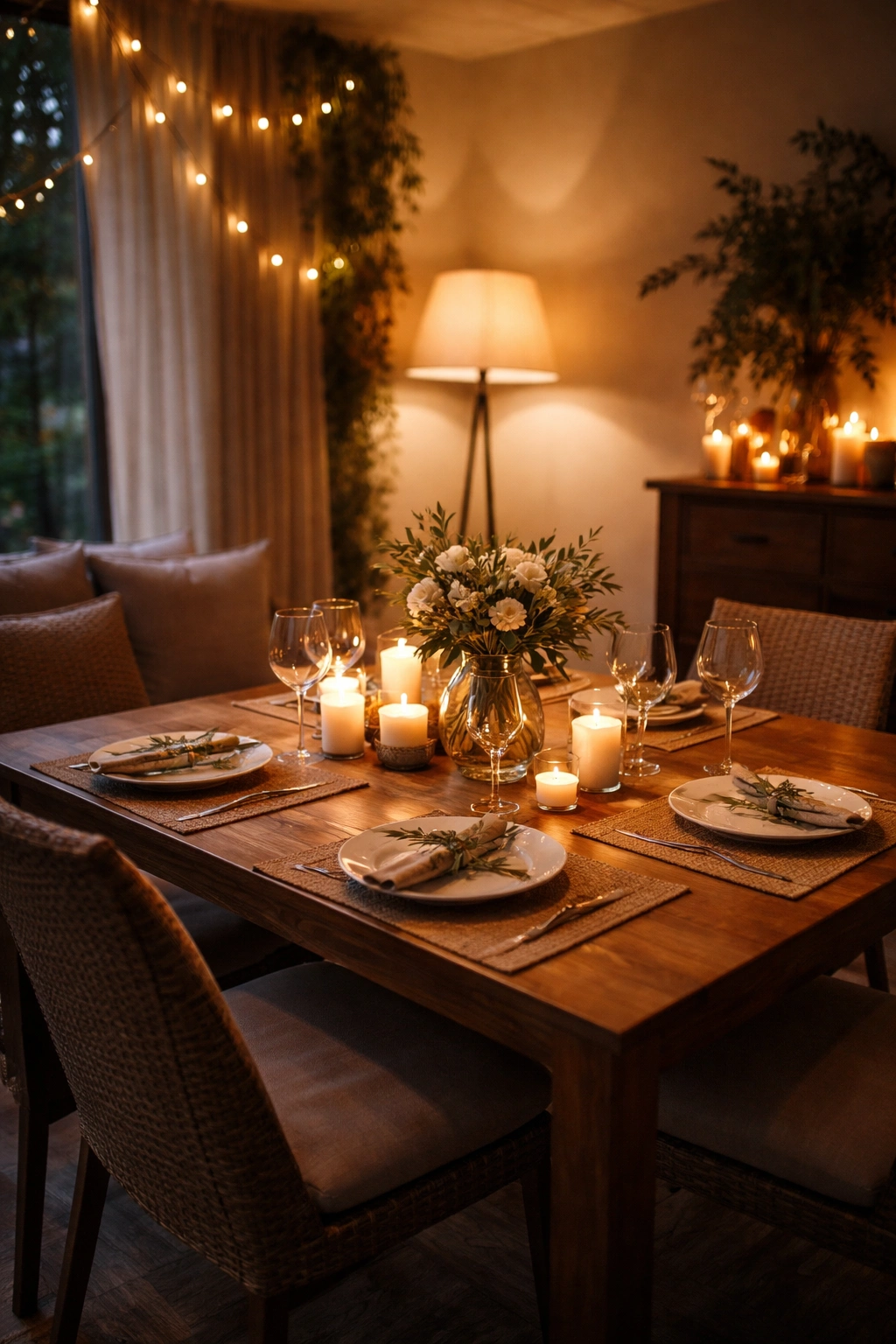 warmly lit dining nook with candles, floor lamp, and string lights creating ambiance