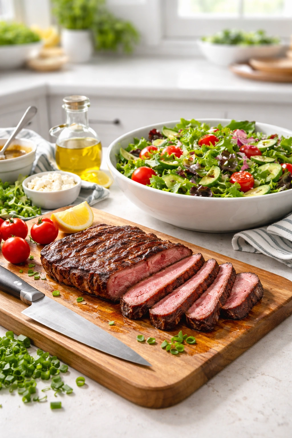 Steak being sliced to solve dinner issues with crisp greens nearby