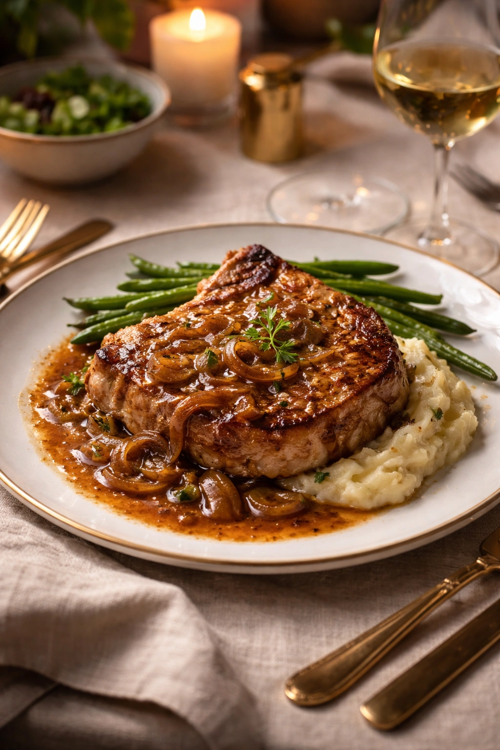 Elegant plated pork chop with gravy for a dinner party