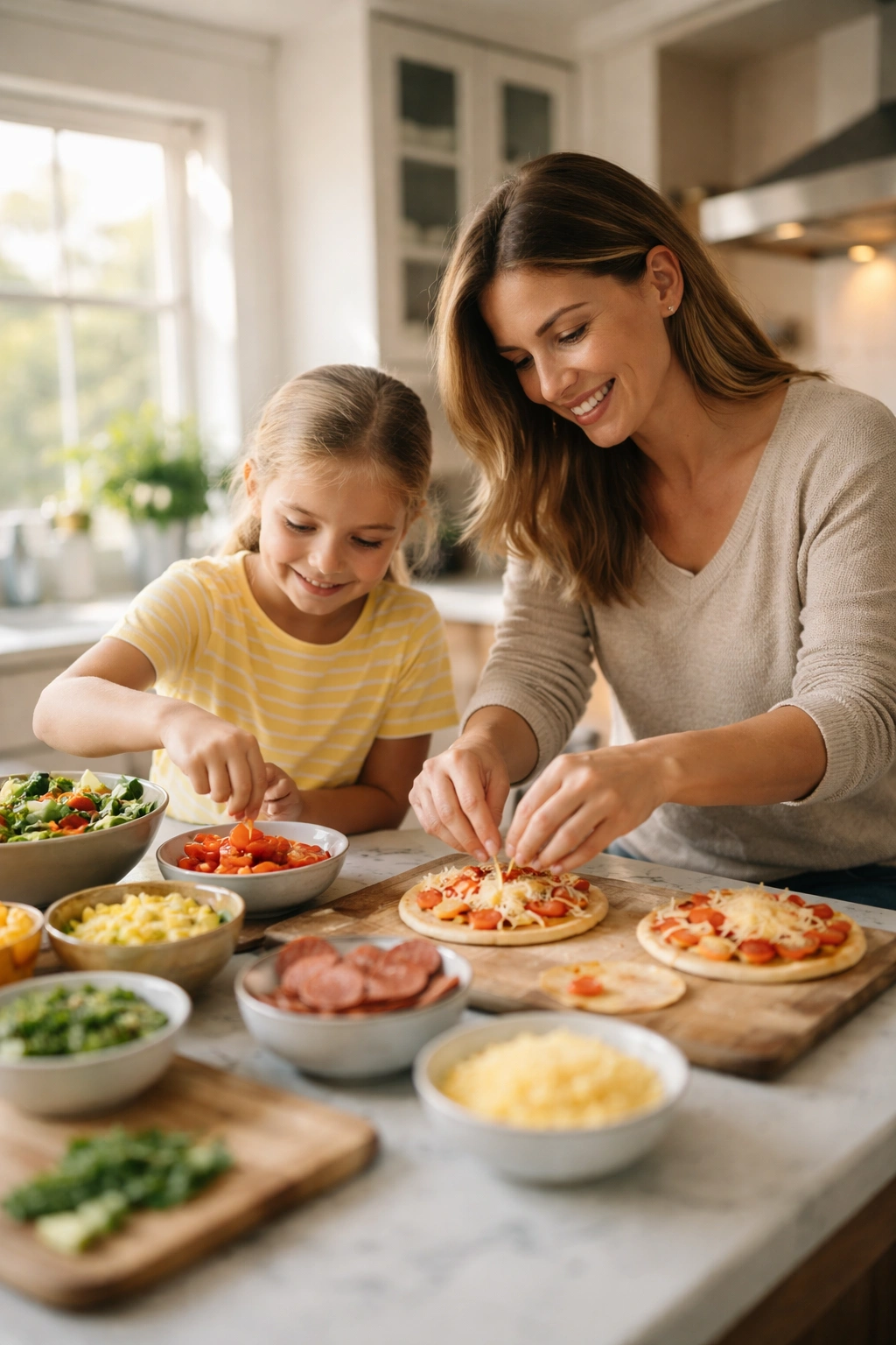 Parent and child cooking together in bright kitchen