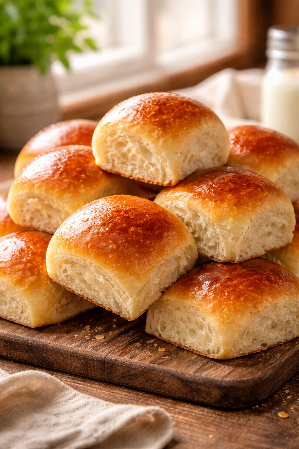 Close-up of soft golden dinner rolls on a wooden board