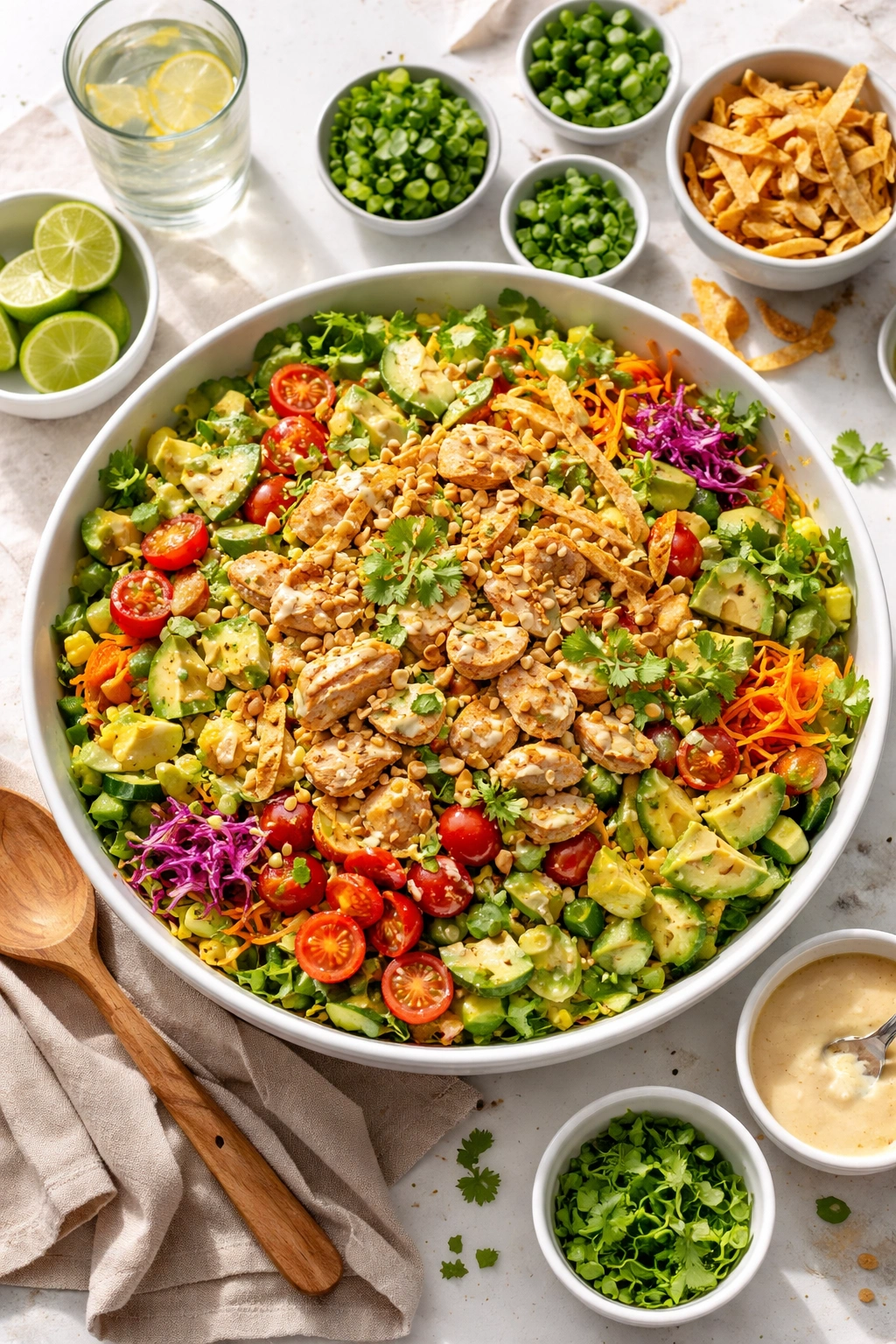 Colorful hearty salad bowl with greens and rotisserie chicken, ready for dinner.