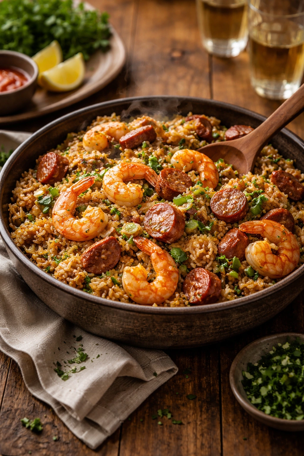 Steaming shrimp and sausage dirty rice in a serving bowl with a spoon