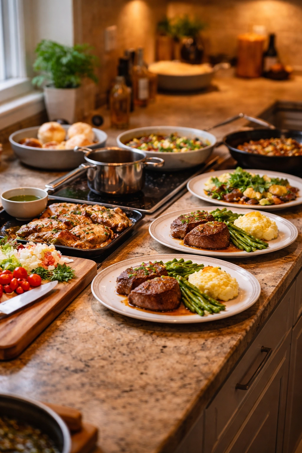 Kitchen counter showing stages of cooking progression from prep to plating